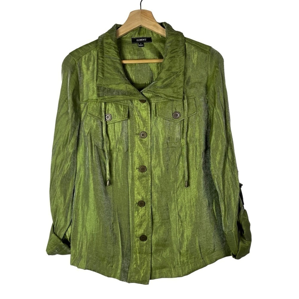 Elementz Green Satin Button Down Shirt Jacket S